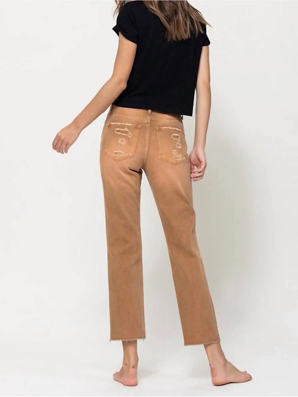 Vervet By Flying Monkey - Coco Straight Cropped Jeans Tan Distressed Women’s 24 - Picture 2 of 13